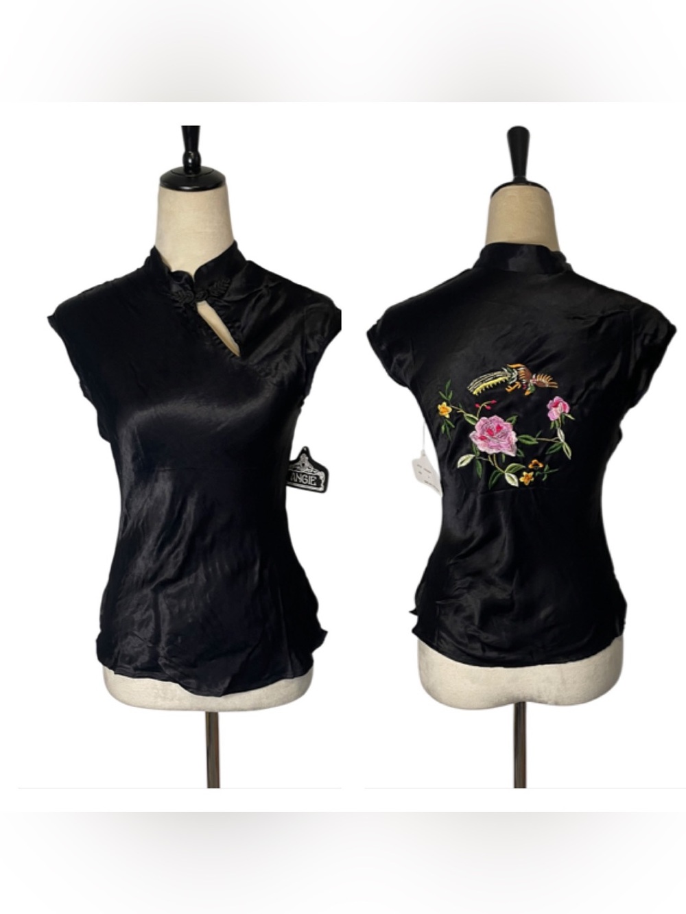 Y2K Angie Black Rayon Satin Mandarin Collar Phoenix Top S